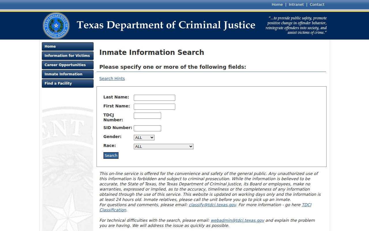 Kenedy County arrest custody TDCJ sentenced prisoner search