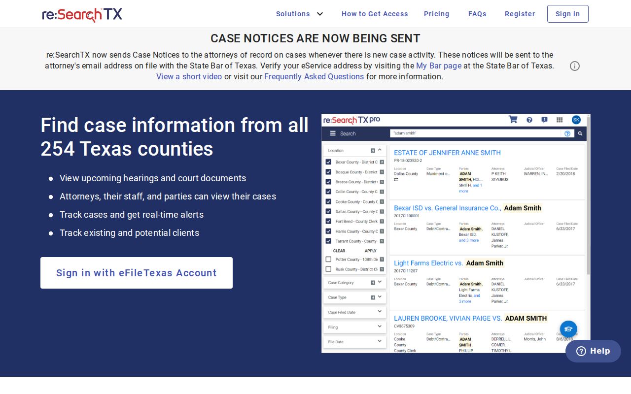 re:SearchTX portal for Kenedy County criminal court case searches