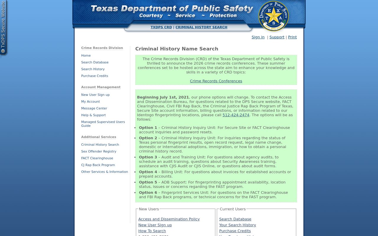 Kenedy County criminal history Texas DPS public search entry